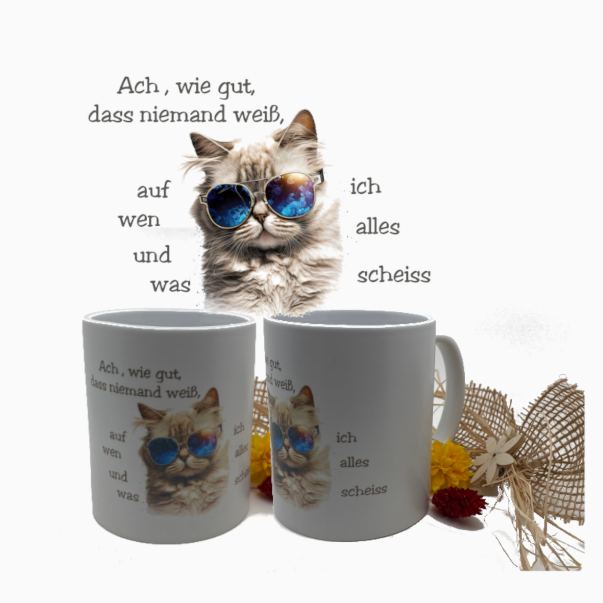 Tasse mit Katzenmotiv und Spruch